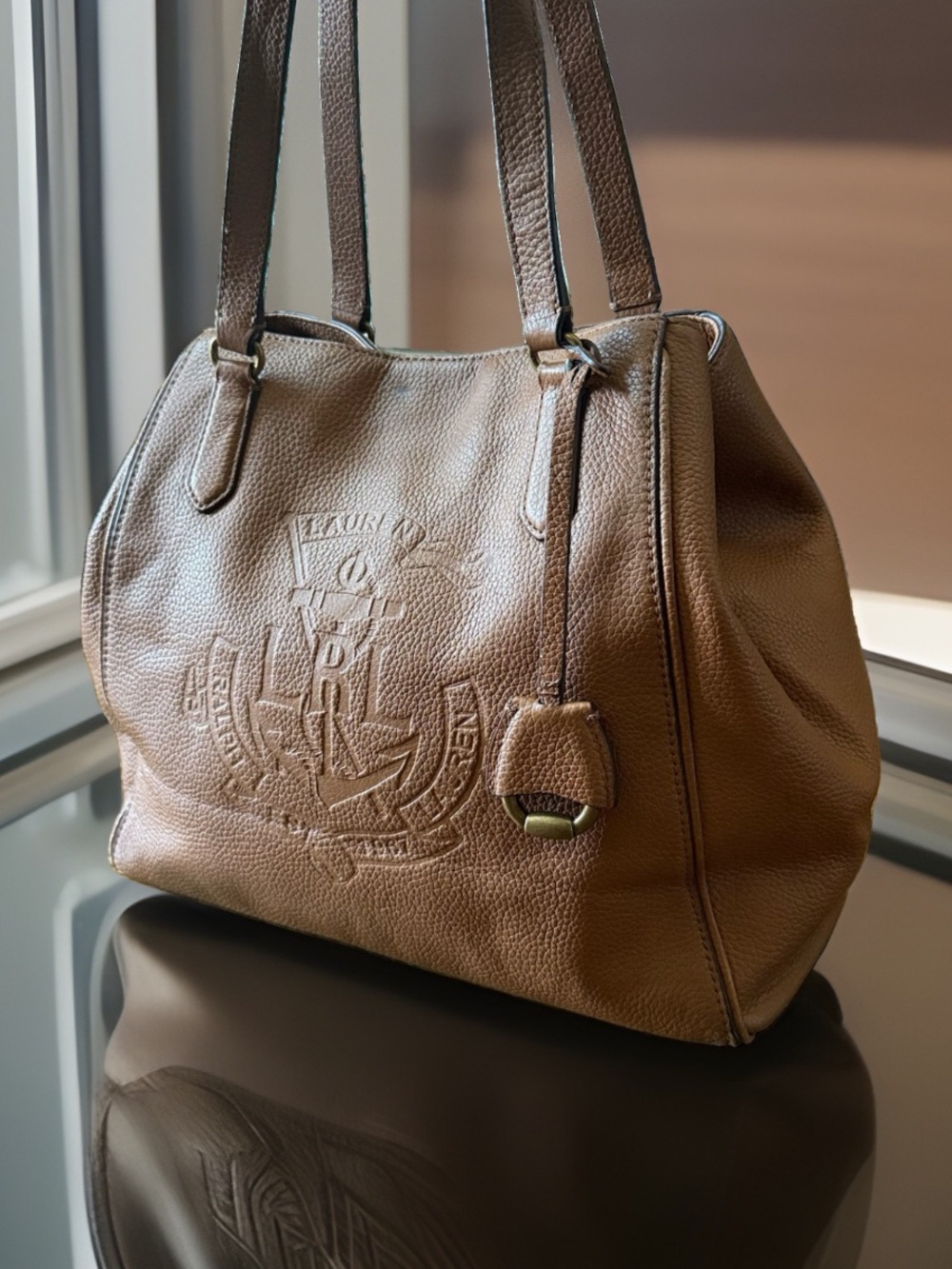 Lauren Ralph Lauren Chatsworth Brown Pebbled Leather Crest Tote Shoulder Bag